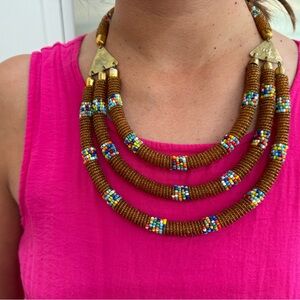 Tribal beaded 3 strand brown statement necklace